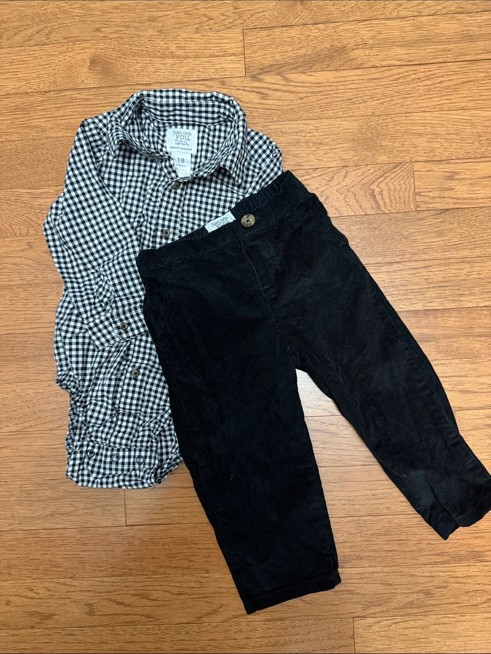 Unbranded Black Corduroy Pants & Black Gingham Shirt Kids Matching Set